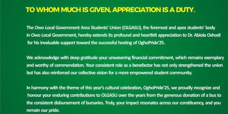 OLGASU EXTOLS DR. ABIOLA OSHODI’S DISTINGUISHED IMPACT ON STUDENTS IN OWO/OSE FEDERAL CONSTITUENCY.